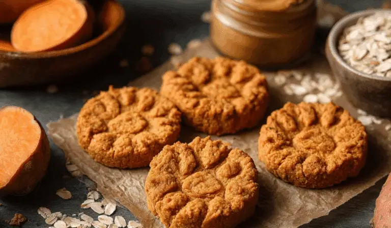 3-Ingredient Sweet Potato Dog Cookies with oats, sweet potatoes, and peanut butter