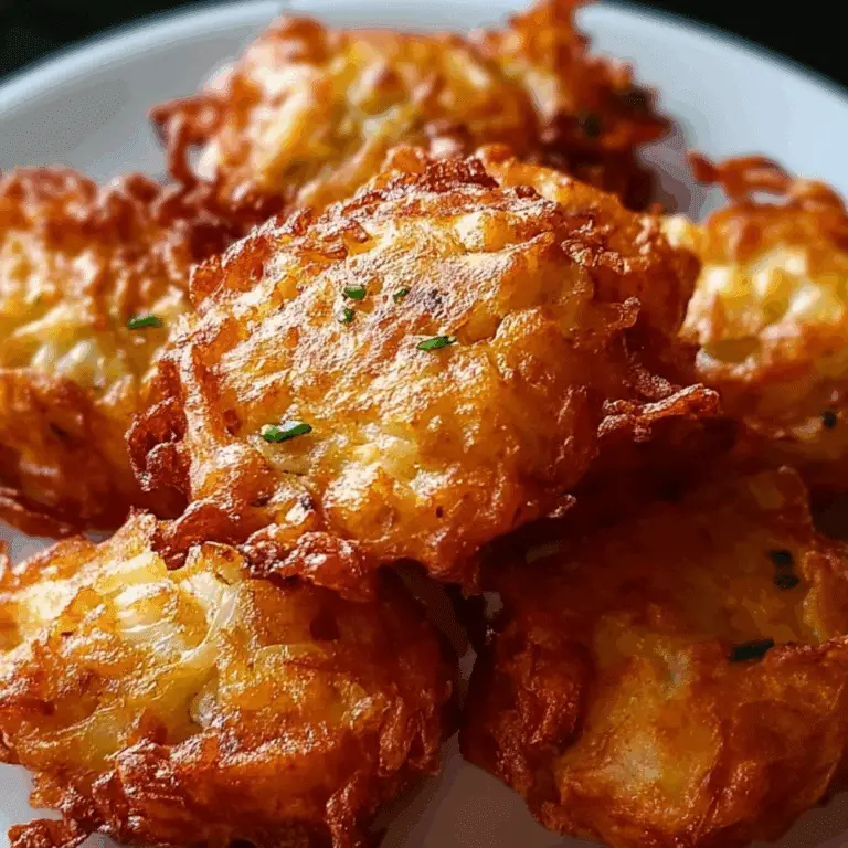 Crispy Amish onion fritters stacked on a white plate