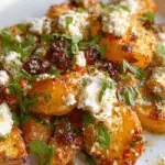 Baked feta potatoes with golden crust, herbs, and melted cheese