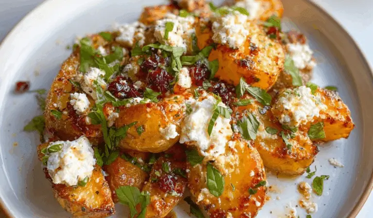 Baked feta potatoes with golden crust, herbs, and melted cheese