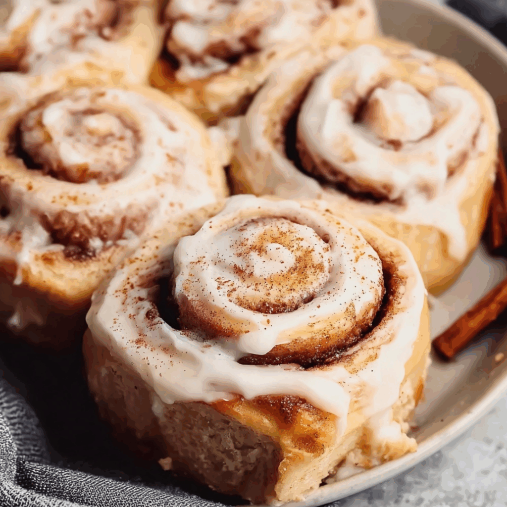 Banana bread cinnamon rolls with cream cheese frosting on plate