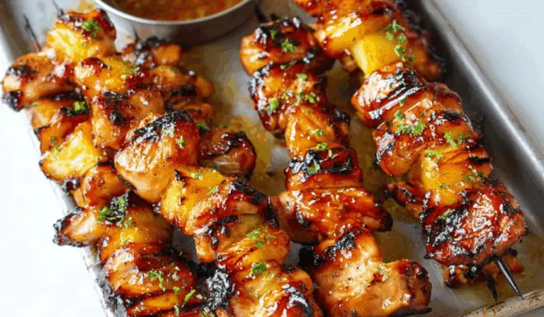 Grilled BBQ Pineapple Chicken Kabobs with caramelized glaze
