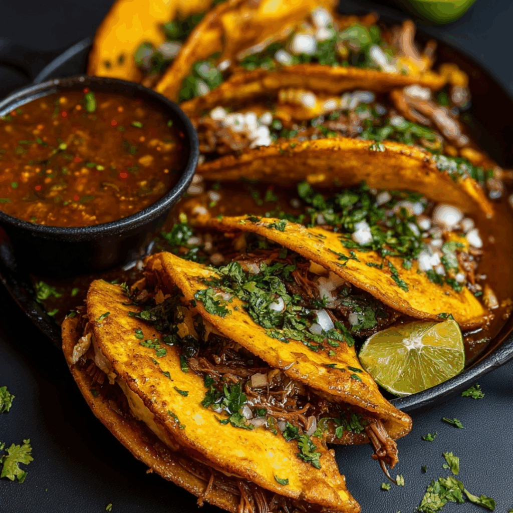 Birria tacos served with consommé dipping sauce and lime