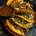 Birria tacos served with consommé dipping sauce and lime