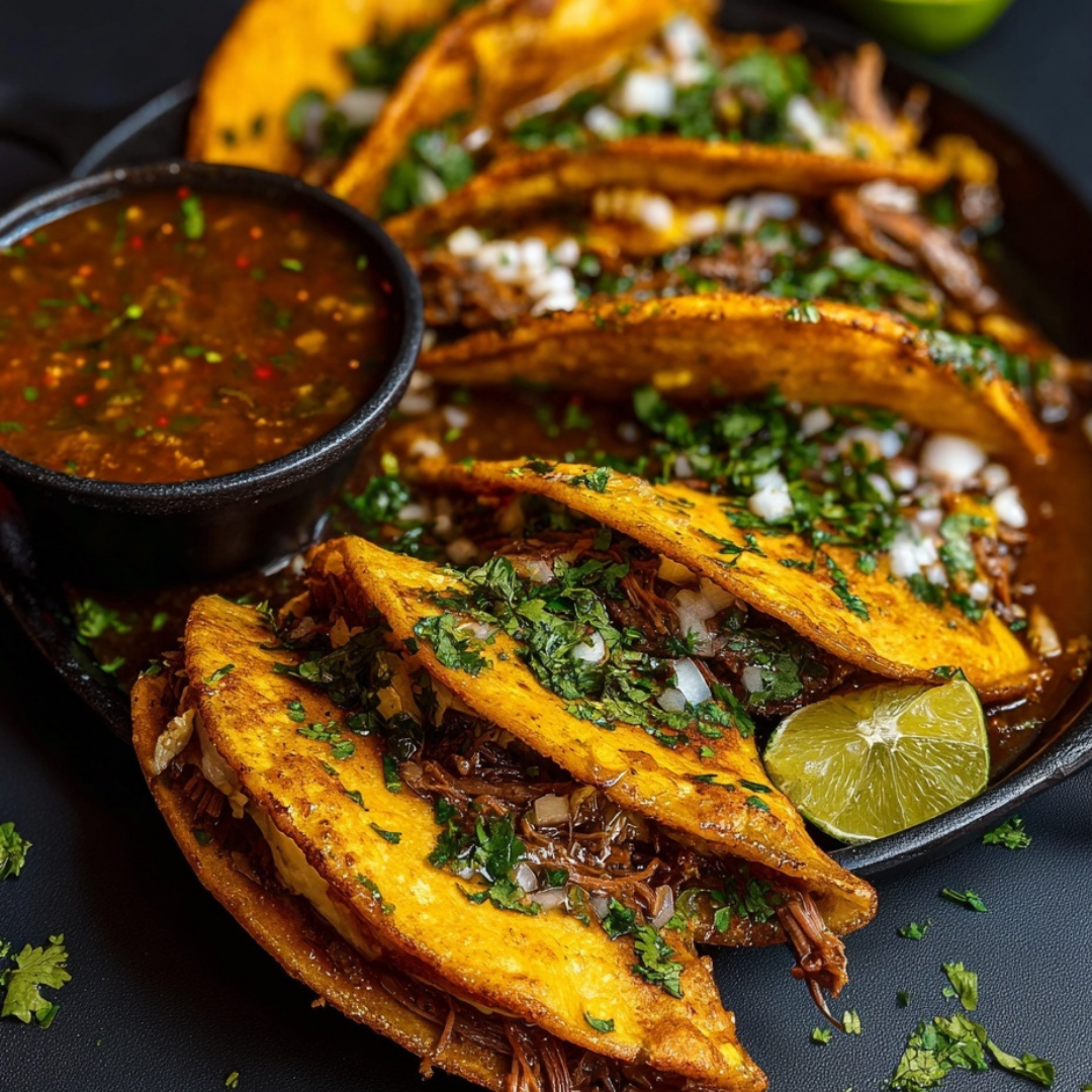 Birria tacos served with consommé dipping sauce and lime