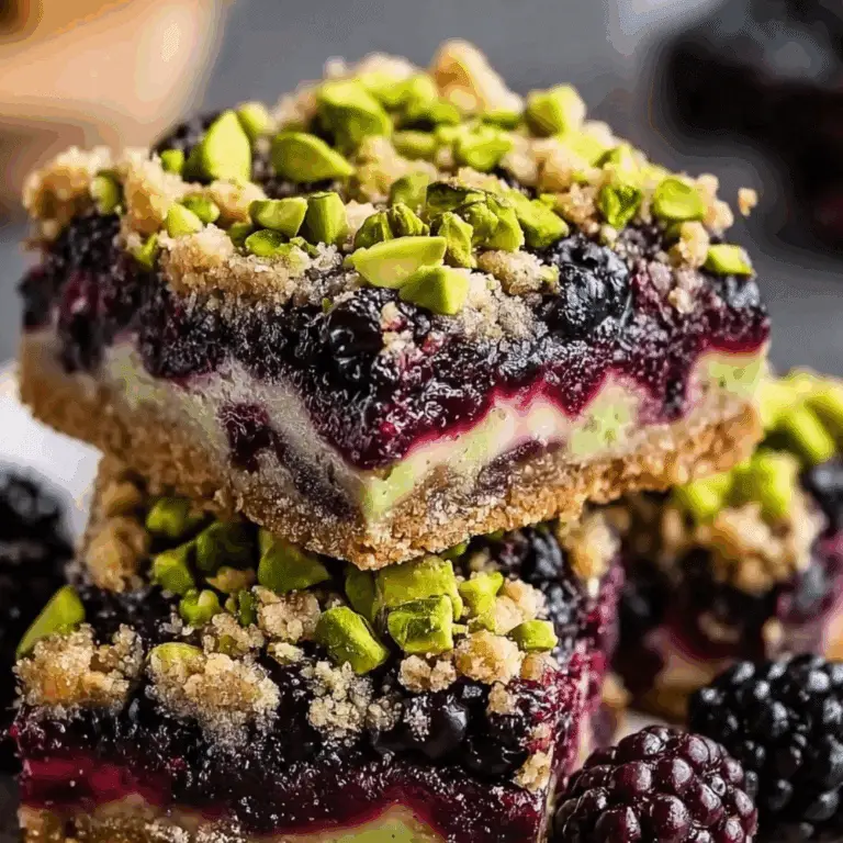 Close-up of blackberry pistachio dream bars with layered filling and chopped nuts
