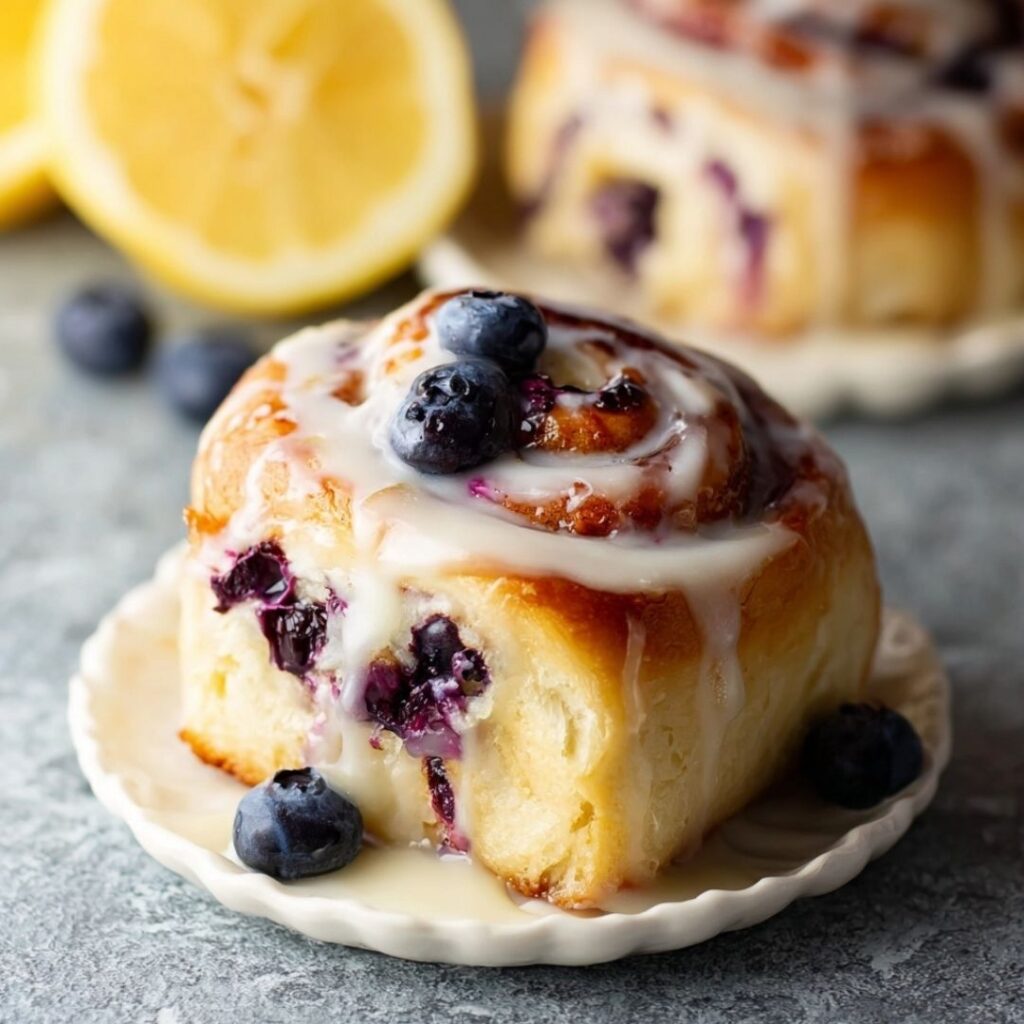 Blueberry sweet rolls with lemon glaze fresh from oven