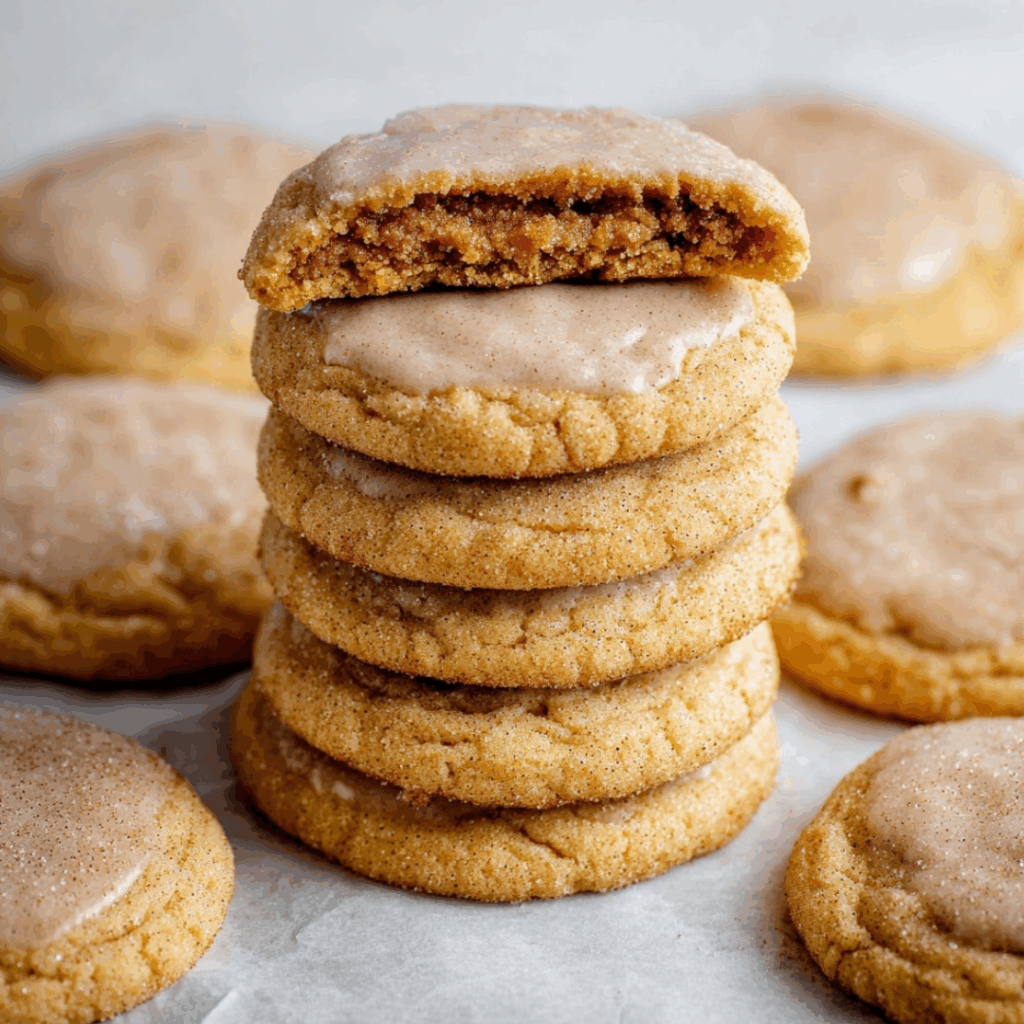Soft and chewy brown sugar pop tart cookies stacked with cinnamon glaze