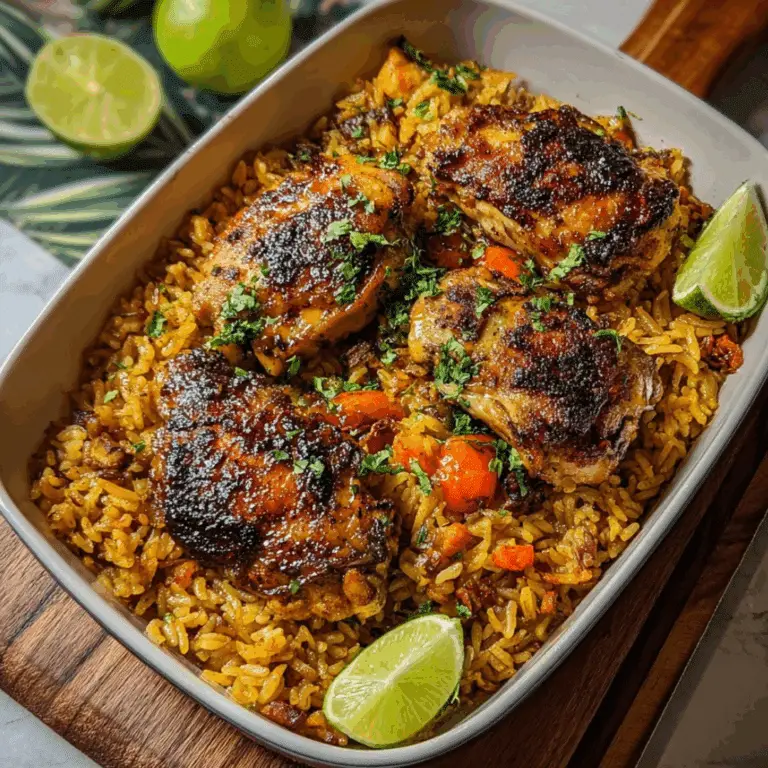 Caribbean chicken and rice served with lime wedges