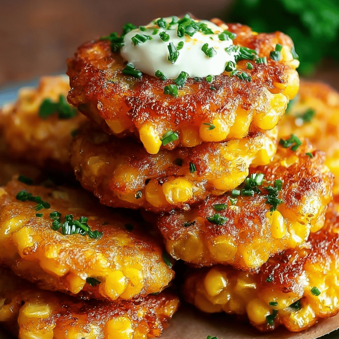 Stacked cheesy corn fritters topped with herbs and cream