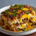 Cheesy loaded meatloaf casserole topped with crispy bacon and parsley
