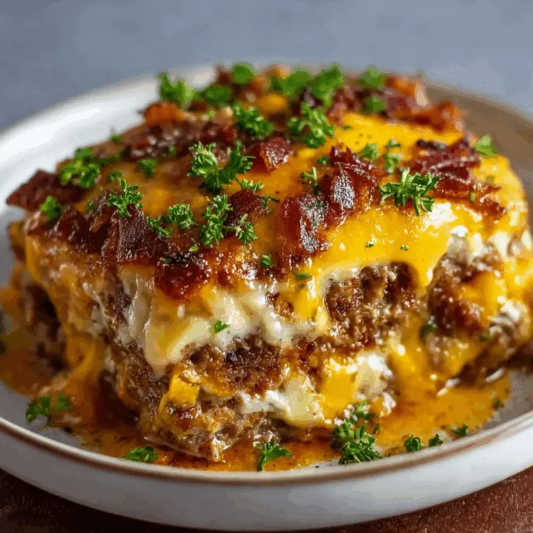 Cheesy loaded meatloaf casserole topped with crispy bacon and parsley