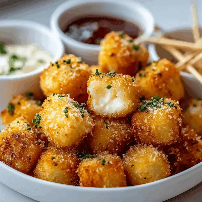 Cheesy parmesan mozzarella bites in a white bowl with dipping sauces