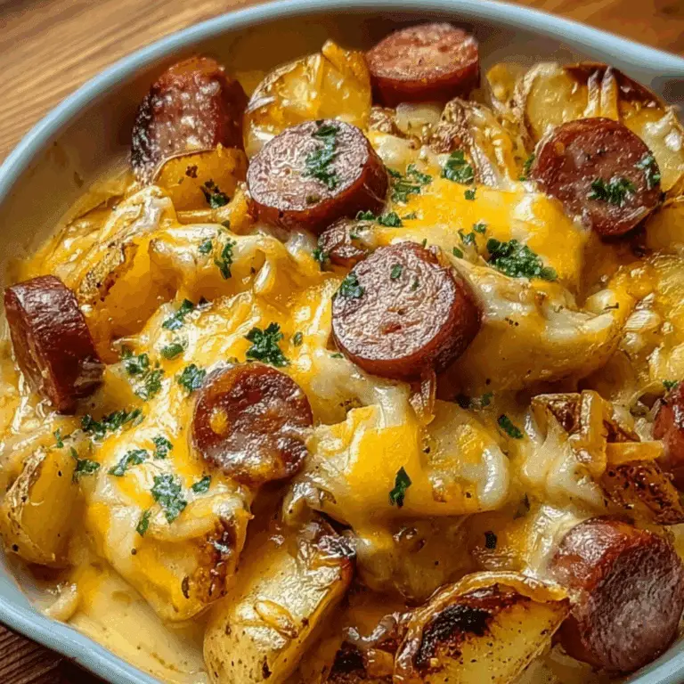 Cheesy ranch potatoes and smoked sausage in a bowl