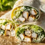Stacked chicken Caesar wraps cut in half showing juicy chicken, romaine, and Caesar dressing