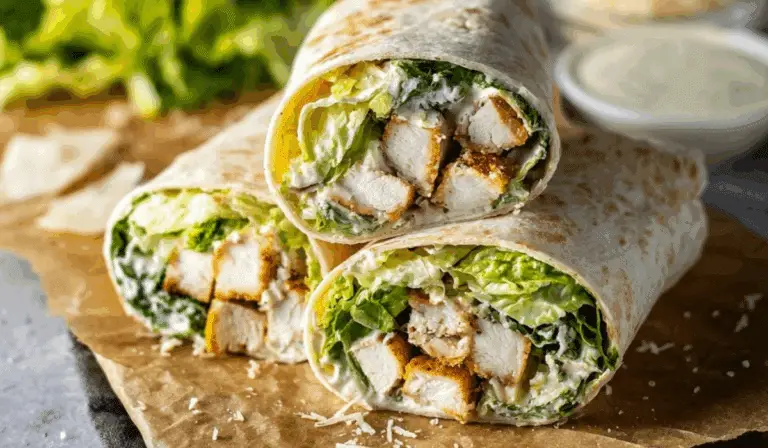 Stacked chicken Caesar wraps cut in half showing juicy chicken, romaine, and Caesar dressing