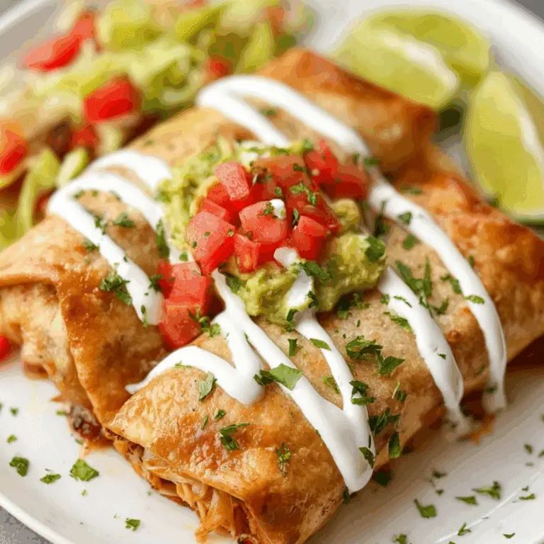 chicken chimichangas topped with guacamole, diced tomatoes, and sour cream