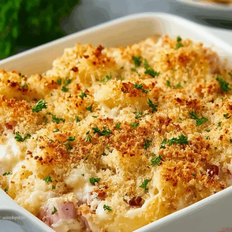 Golden baked Chicken Cordon Bleu Casserole topped with crispy breadcrumbs and parsley