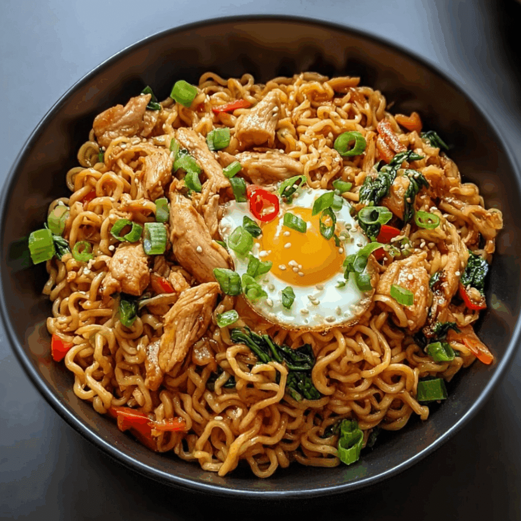 Chicken ramen stir fry with vegetables, shredded chicken, and a fried egg