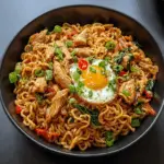 Chicken ramen stir fry with vegetables, shredded chicken, and a fried egg