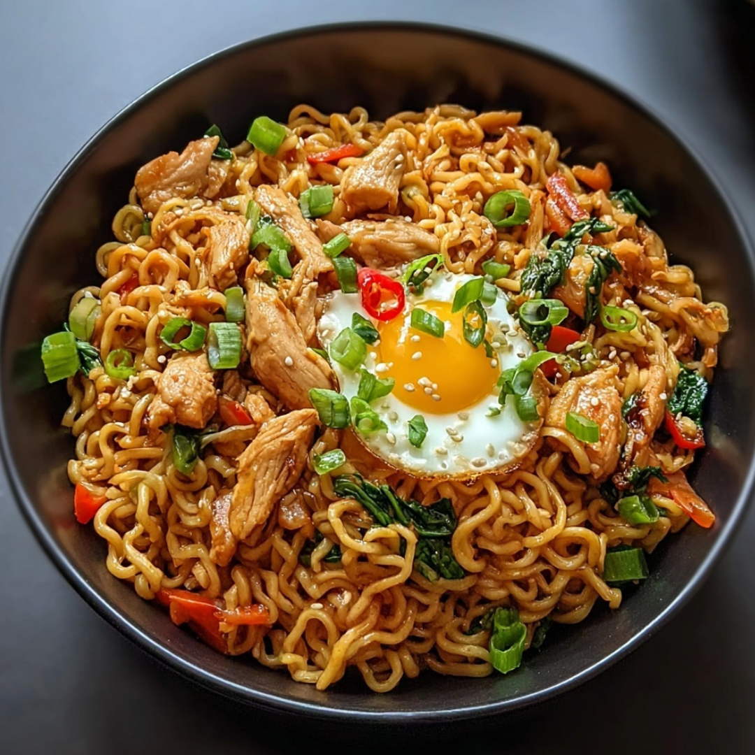 Chicken ramen stir fry with vegetables, shredded chicken, and a fried egg