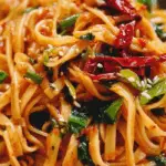 Chilli garlic noodles close-up with red chilies and scallions