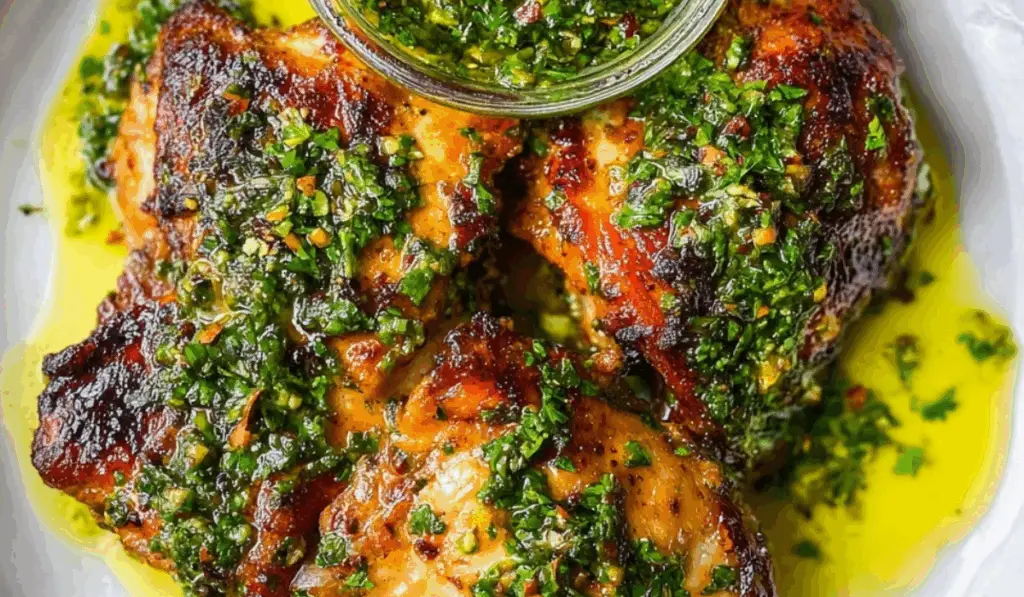 Chimichurri chicken thighs served with chimichurri sauce on white plate