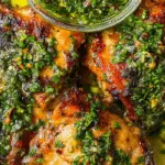 Chimichurri chicken thighs served with chimichurri sauce on white plate