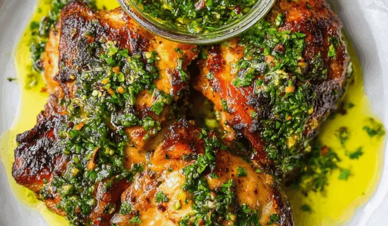 Chimichurri chicken thighs served with chimichurri sauce on white plate