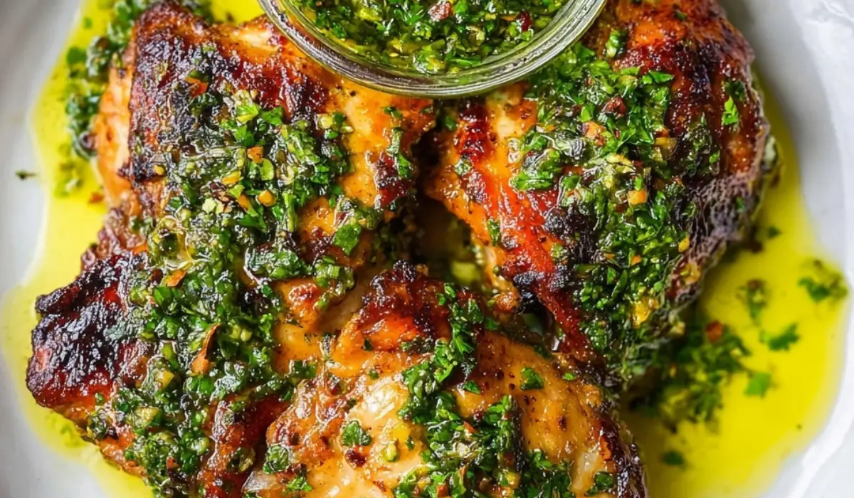 Chimichurri chicken thighs served with chimichurri sauce on white plate