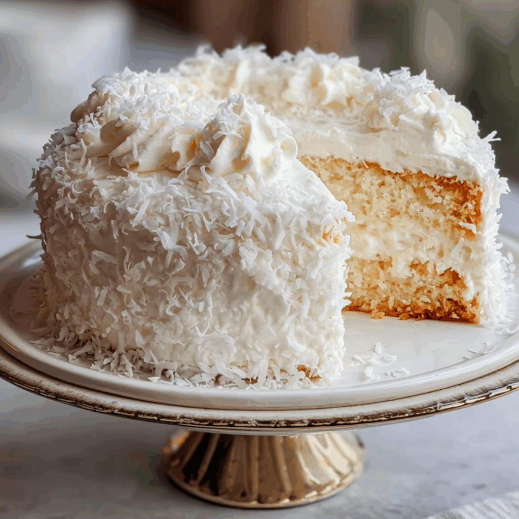 Fluffy coconut cloud cake topped with whipped frosting and shredded coconut