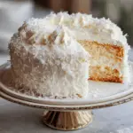 Fluffy coconut cloud cake topped with whipped frosting and shredded coconut