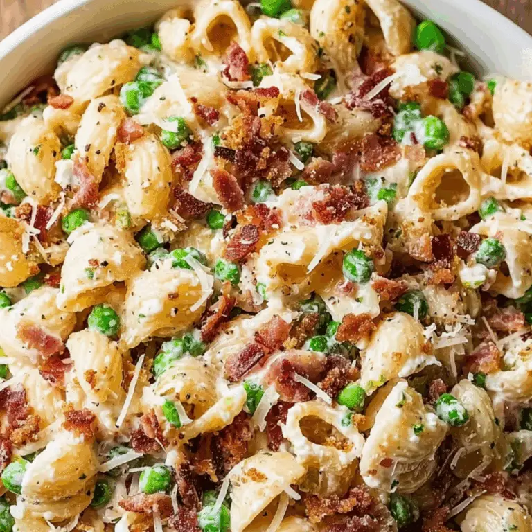 Creamy pasta salad with bacon, green peas, and parmesan cheese