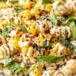 Creamy street corn pasta salad with corn, herbs, and chili flakes in a bowl