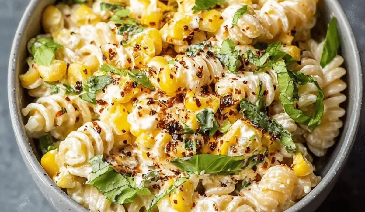 Creamy street corn pasta salad with corn, herbs, and chili flakes in a bowl