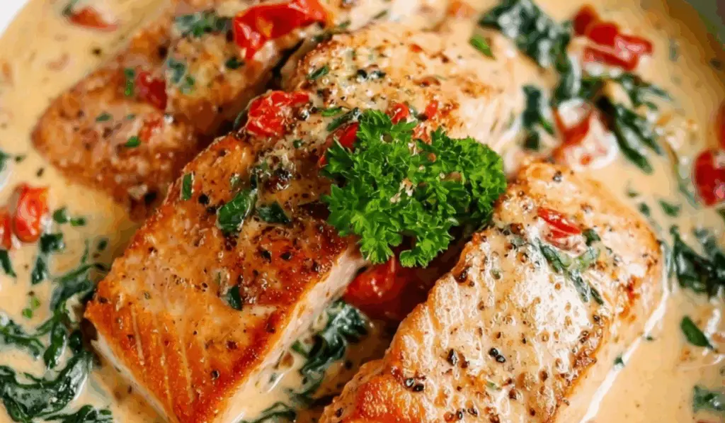 Creamy Tuscan salmon with spinach and sun-dried tomatoes in garlic Parmesan sauce