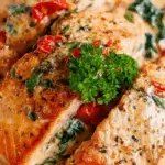 Creamy Tuscan salmon with spinach and sun-dried tomatoes in garlic Parmesan sauce