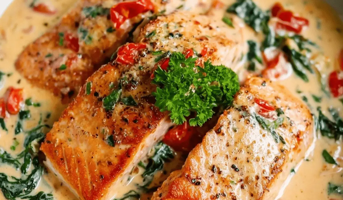 Creamy Tuscan salmon with spinach and sun-dried tomatoes in garlic Parmesan sauce