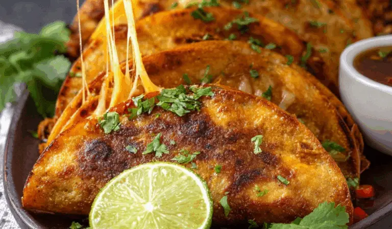 Crock Pot Birria Tacos with melted cheese and lime