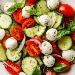 Cucumber Caprese Salad with mozzarella, cherry tomatoes, red onion, and basil in white bowl