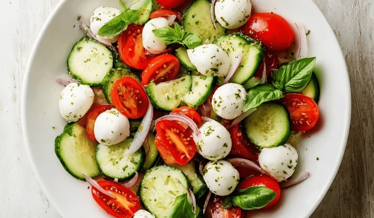 Cucumber Caprese Salad with mozzarella, cherry tomatoes, red onion, and basil in white bowl