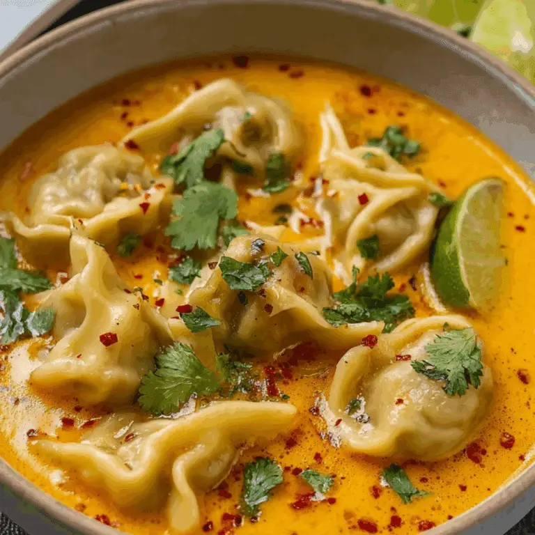 Curry dumpling soup with Thai spices and cilantro garnish