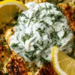 Closeup of Dump-and-Bake Chicken Tzatziki Rice topped with creamy tzatziki and fresh dill