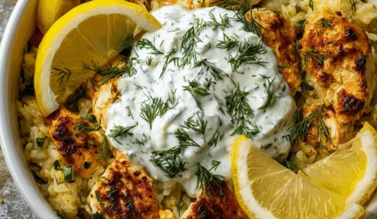 Closeup of Dump-and-Bake Chicken Tzatziki Rice topped with creamy tzatziki and fresh dill