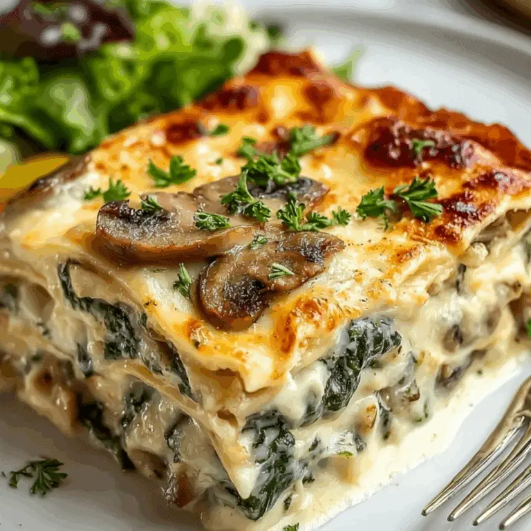 Easy Creamy Spinach Mushroom Lasagna slice served on a plate