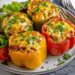 Easy stuffed bell peppers baked with ground beef, rice, and cheese