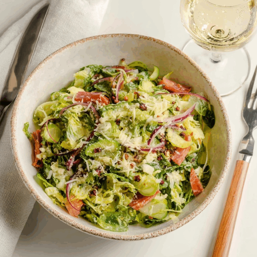 famous La Scala chopped salad recipe served with salami, lettuce, mozzarella, and red onion