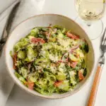 famous La Scala chopped salad recipe served with salami, lettuce, mozzarella, and red onion