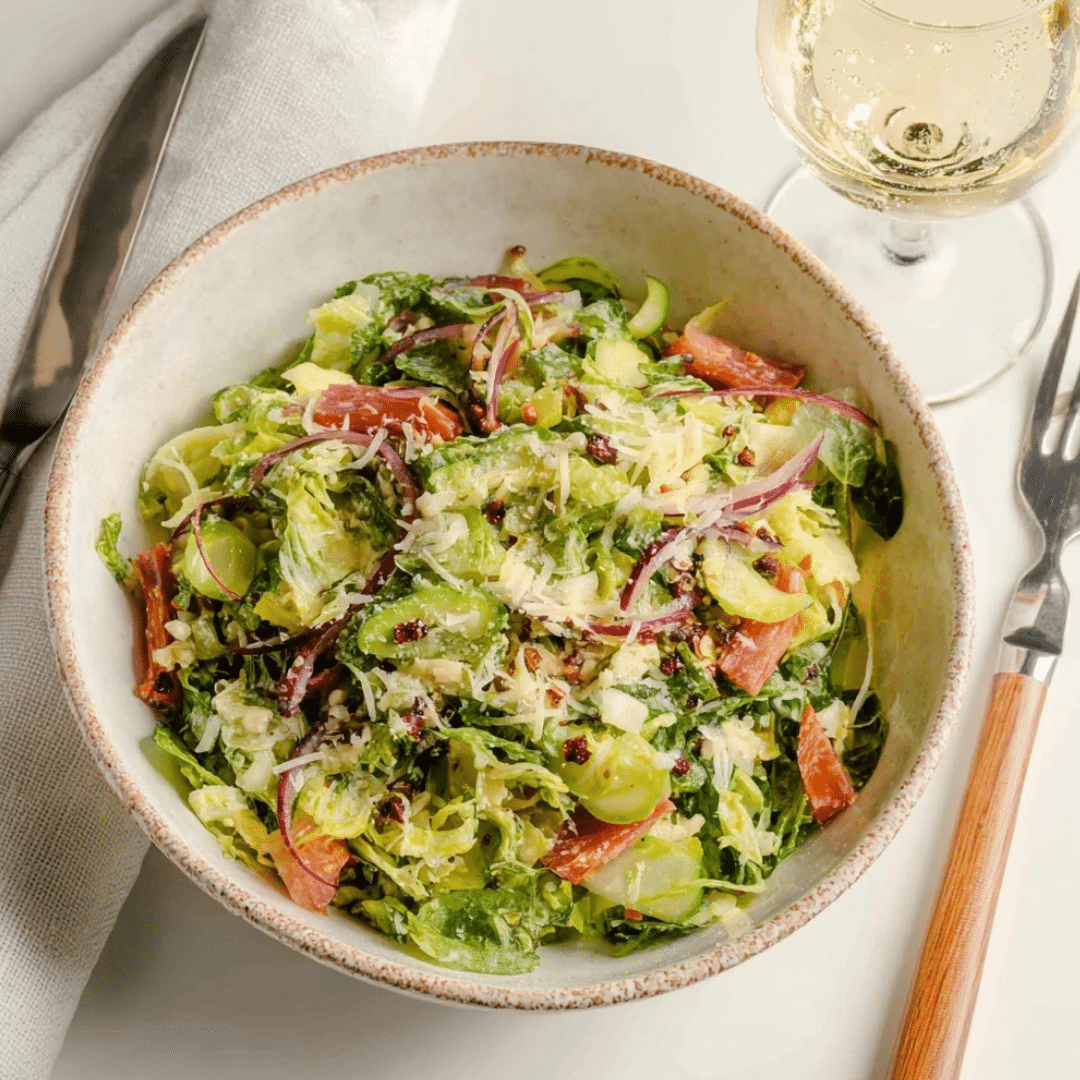 famous La Scala chopped salad recipe served with salami, lettuce, mozzarella, and red onion
