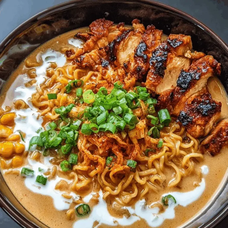 Fiery Chicken Ramen with Creamy Garlic Sauce topped with grilled chicken, kimchi, corn, scallions, and creamy broth